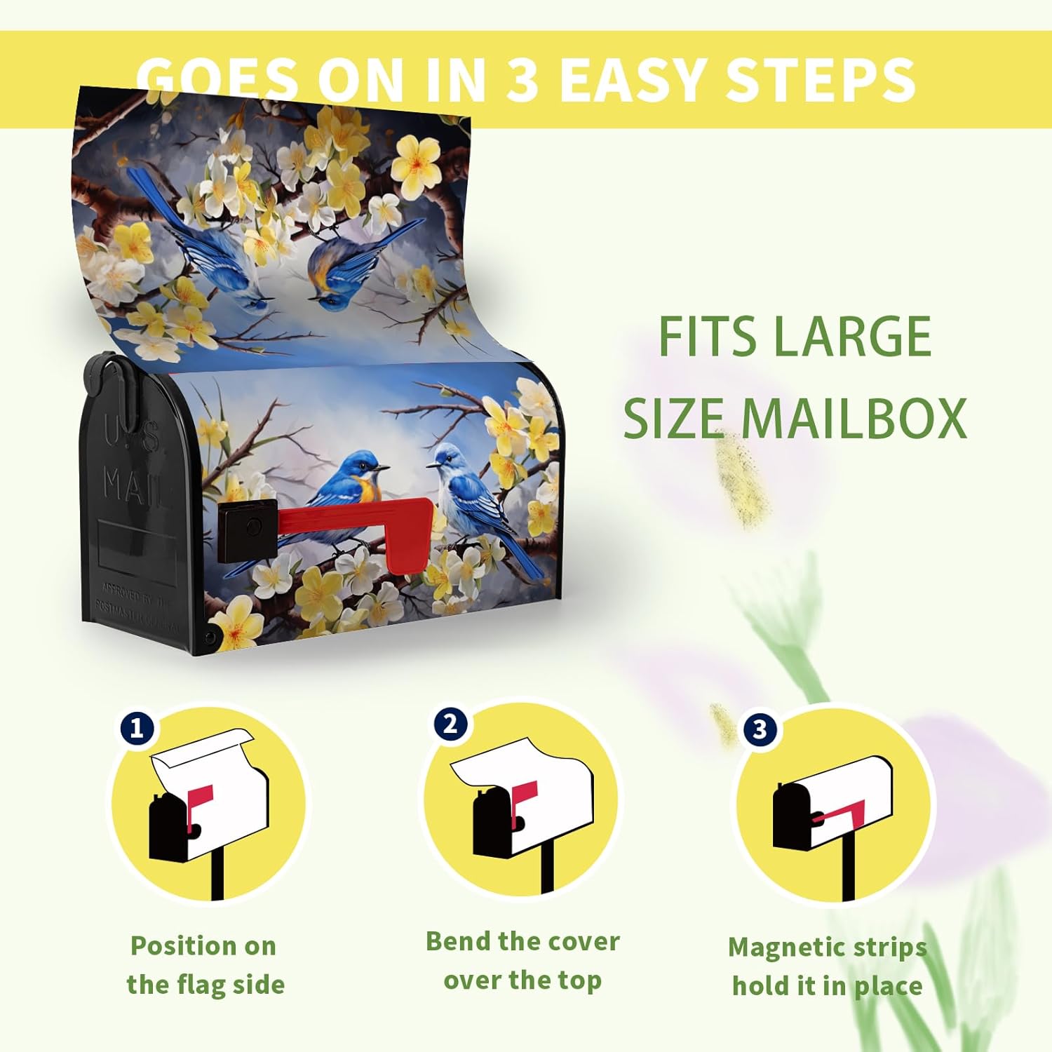 Summer Mailbox Covers Magnetic Large Size Bluebirds Mailbox Post Cover Spring Floral Bird Mail Box Wraps Bluebird Mailboxs Decor Waterproof for Garden Yard Oversized 25.5 X 21 Inch