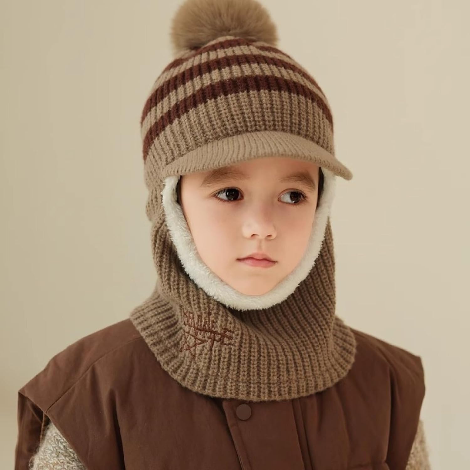 キッズフリース裏地ニットバラクラバ、ネックカバー付き、フルフェイス防寒、男の子、女の子用、防風、ウォームニットビーニーハット
