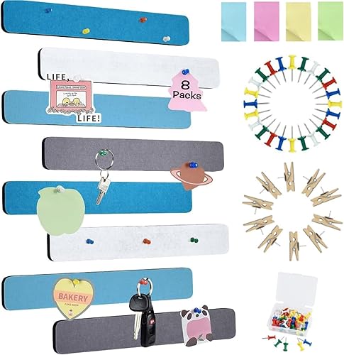 Miniatura 20 de Vuzvuv 8 tiras de tablón de anuncios con 50 chinchetas y 10 clips de madera, tablero de corcho autoadhesivo para pared, tablero de fieltro con Verde
