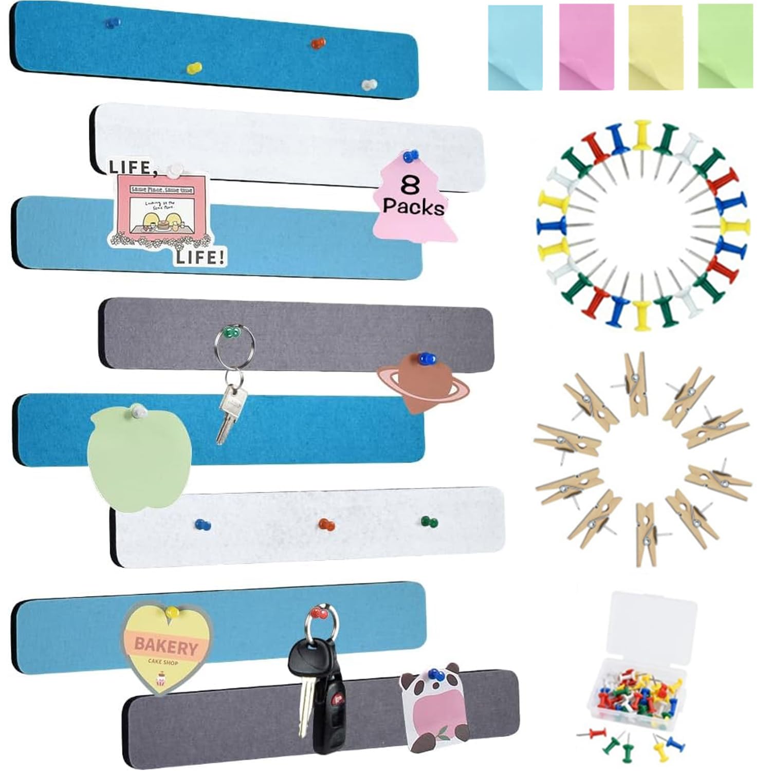 Vuzvuv 8 pcs Bulletin Board Bar Strips with 50 Pushpins & 10 Wooden Clip pins,Self Adhesive Cork Board for Wall,Felt Pin Board for School,Office Decor(Blue White Grey) — image 1