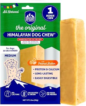 Himalayan Dog Chew, Peanut Butter Yak Cheese Dog Chews, 1 Medium Yak Chew | Natural Long Lasting Dog Bones, Healthy Dog Treats, Only 4 Ingredients, Lactose Free, Protein Rich, For Dogs Under 35 Lbs