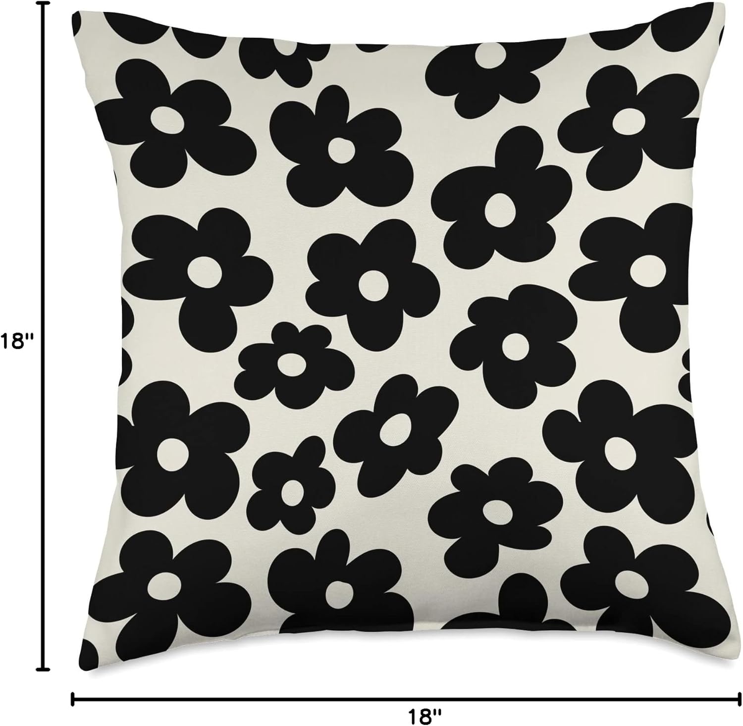 Black Flowers Retro Daisy on cream Throw Pillow