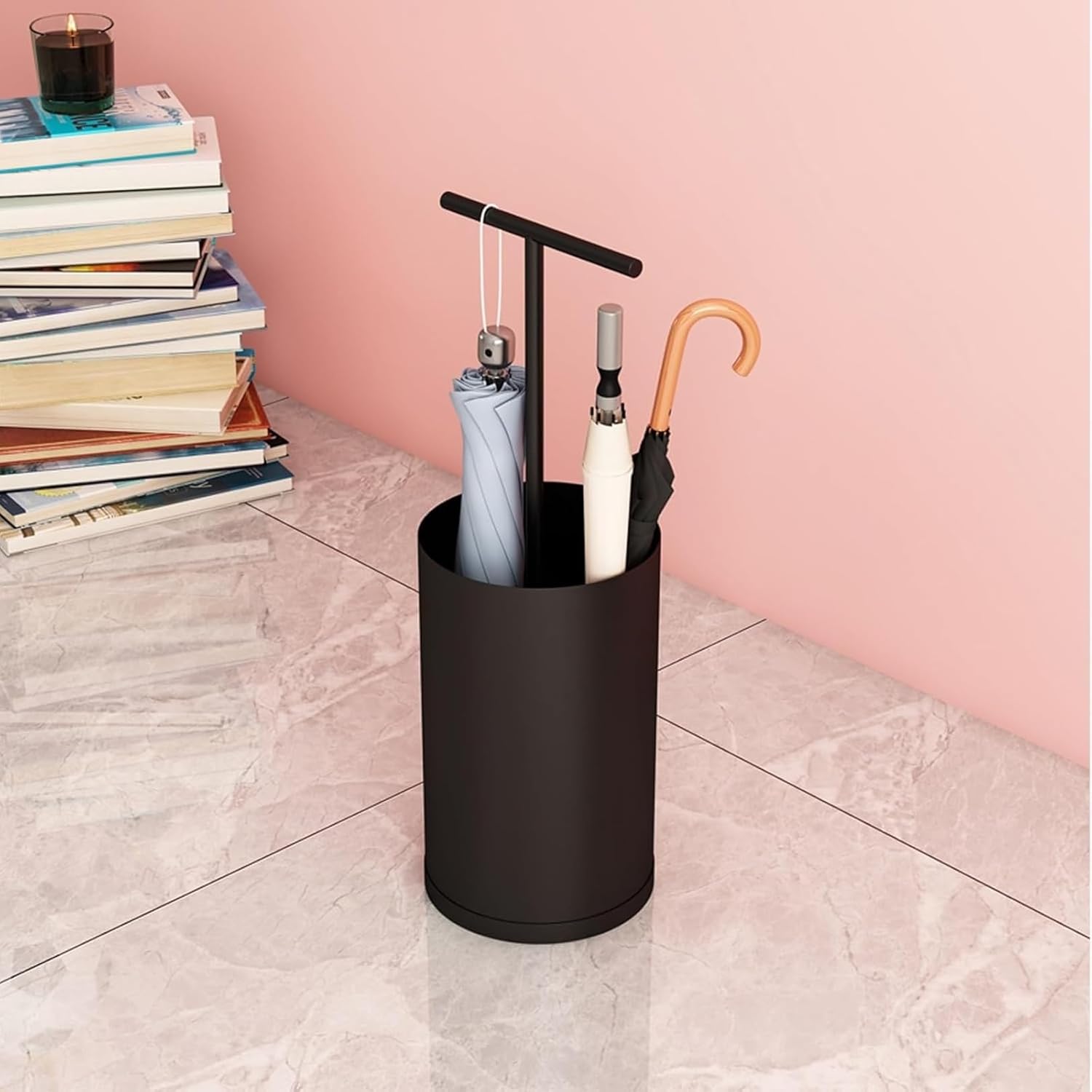 Freestanding Metal Umbrella Stand with Removable Water Tray, Portable Walking Cane Holder, Modern Round Storage Box, Sleek Design for Home or Office