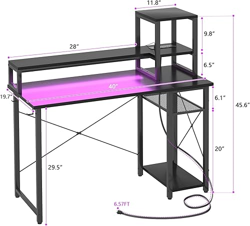 Miniatura 3 de armocity Escritorio para juegos actualizado 2024 con luces LED, escritorio pequeño para computadora con soporte largo para monitor, mesa reversible