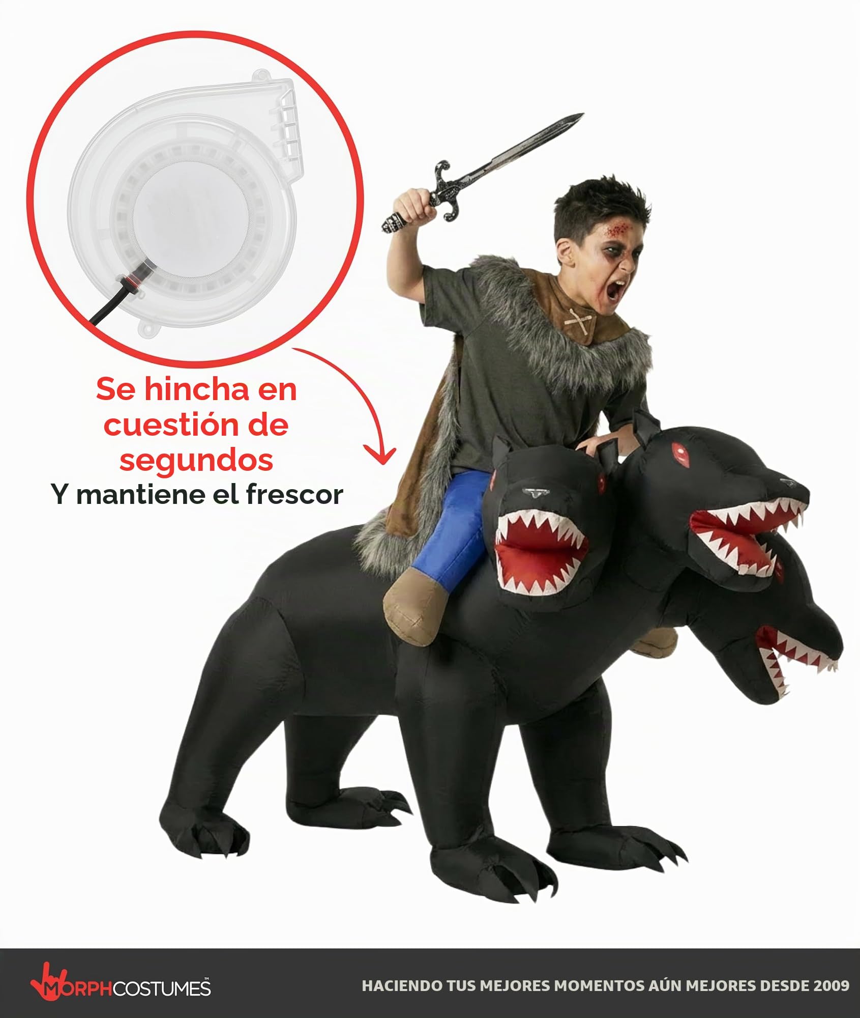 Morph Disfraz Cerbero Hinchable Niño, Disfraz Hinchable Halloween Niño | Traje de Una Pieza & Montura, Perro de Tres Cabezas, Se Infla en Segundos, Perfecto para Halloween, Siempre un Éxito