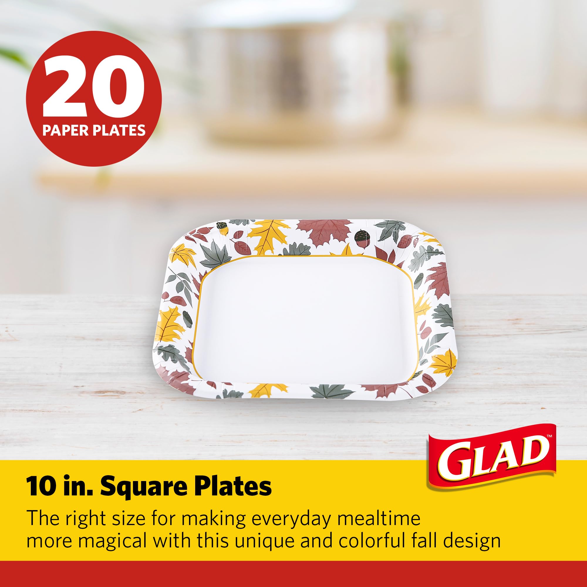 Glad Everyday Lot de 24 assiettes carrées jetables en carton avec motif feuillage tombant, résistantes aux coupes, passent au micro-ondes pour tous les aliments et un usage quotidien, 25,4 cm, 20