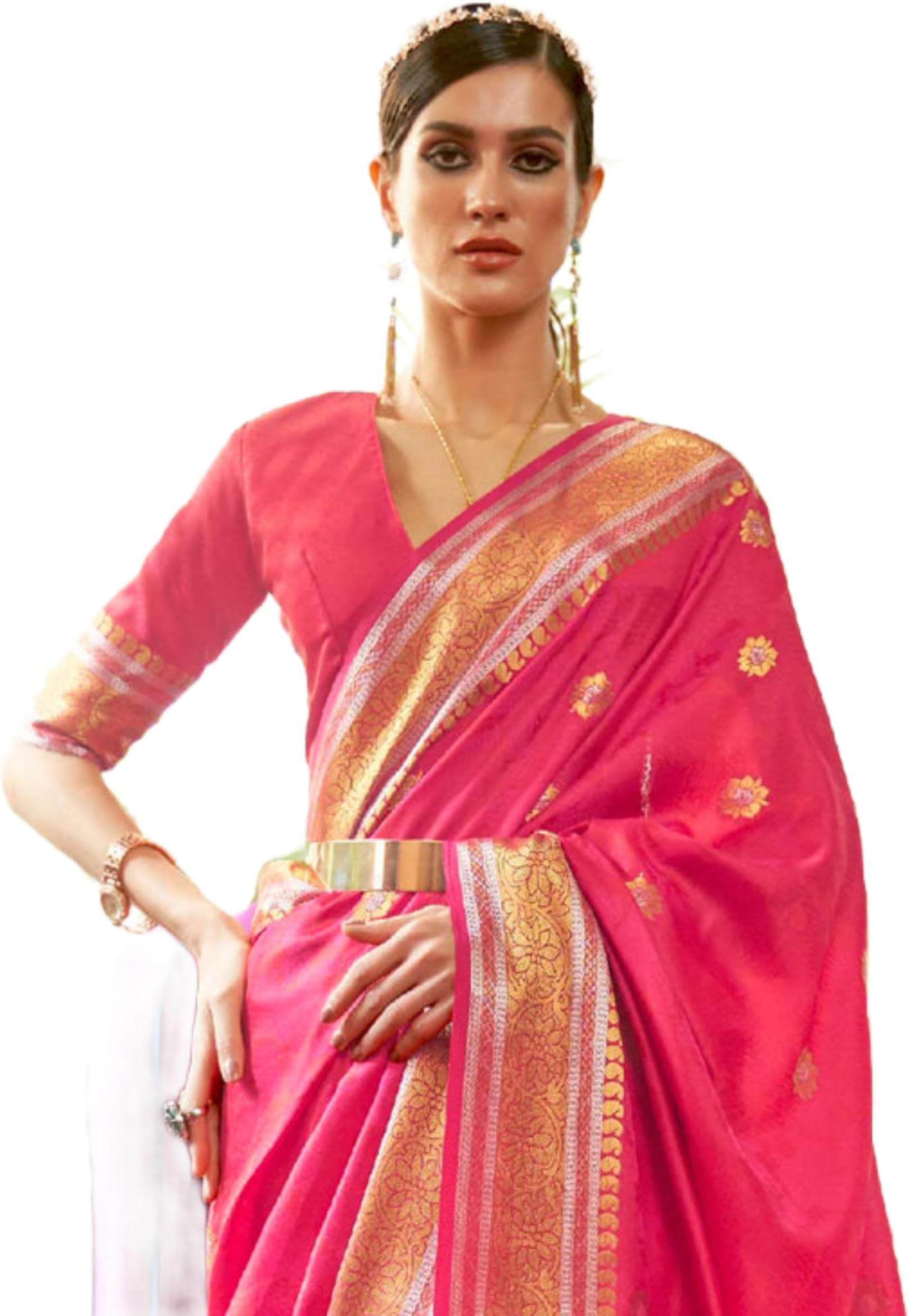 SWORNOF Women's S Kanjivaram Banarasi Silk Saree Kanchipuram Patola Saree, Rani, One Size