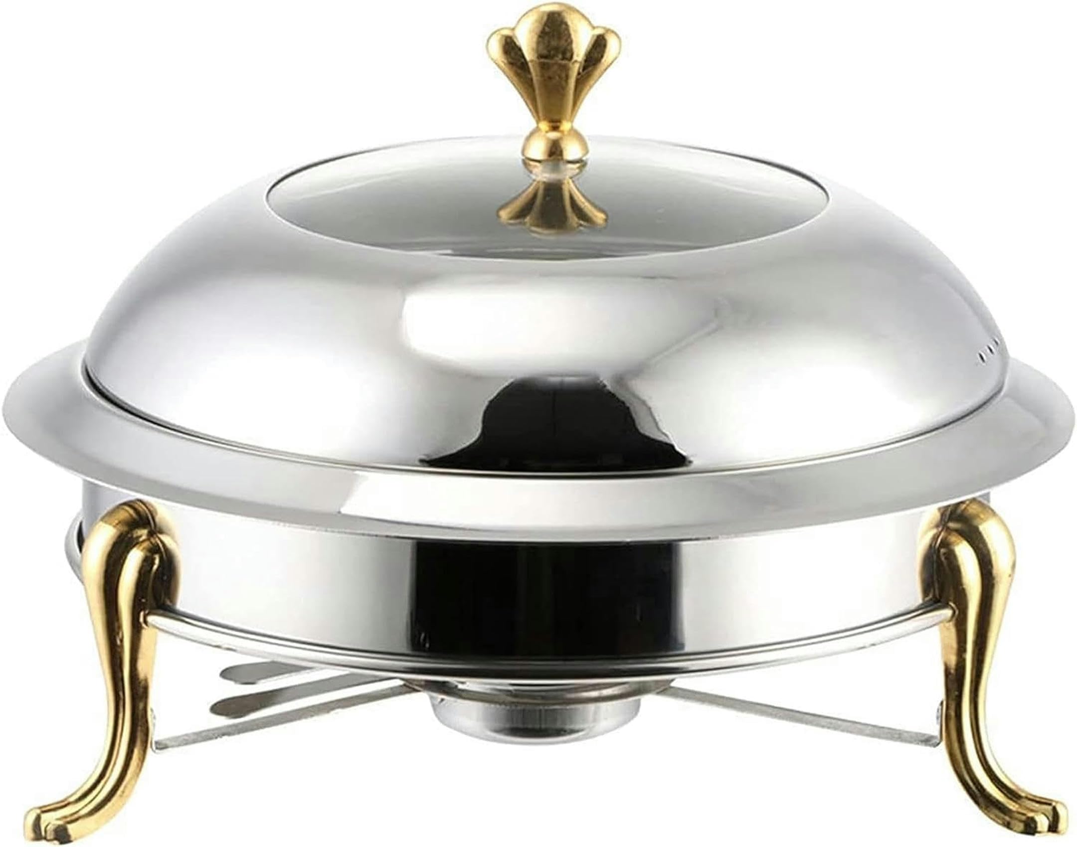Scaldavivande Rotondo Placcato in Oro, in Acciaio Inox, per Buffet, con vaschetta per Alimenti, Porta-combustibile e Coperchio, per Catering, Cucina, Feste, Sala da Pranzo, 28 cm