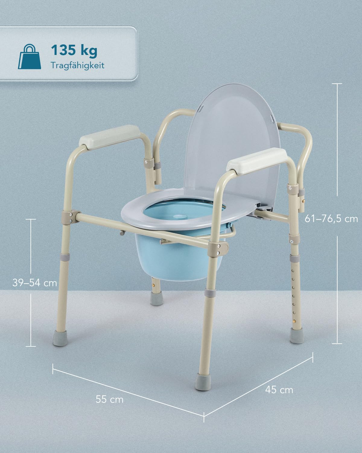 Toilettenstuhl für Senioren 135kg Faltbar Nachtstuhl mit Armlehne Hygienischer Toilettenstuhl Toilettenhilfe WC Stuhl Höhenverstellbar Stuhl für Toilette mit herausnehmbarer Eimer