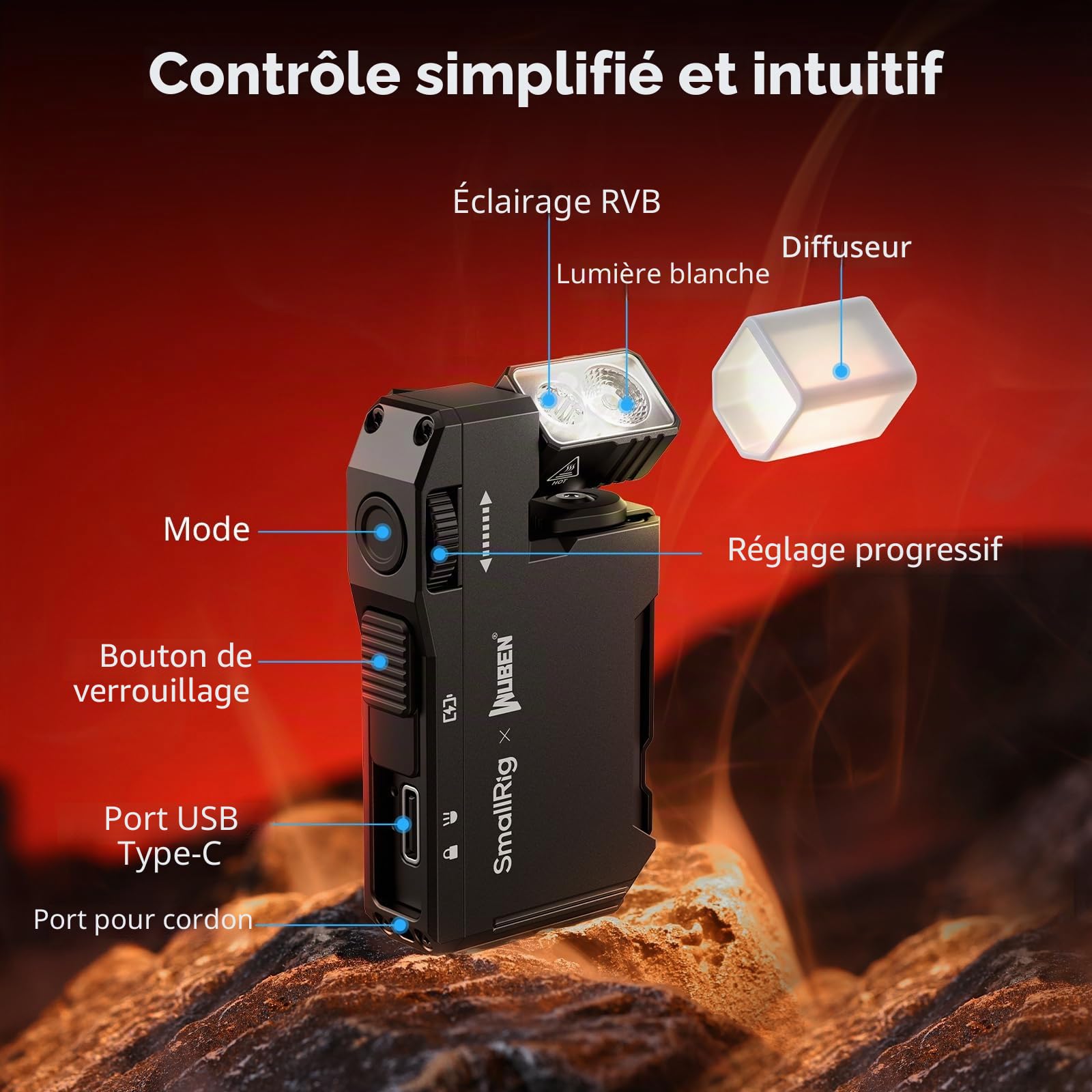 SMALLRIG x WUBEN Lampe Torche Mini Rechargeable, 400 Lumens, RGB Magnétique Format Poche LED, IP65 Etanche, avec Vis 1/4"-20, Lampe Tactique pour Camping, Signalisation et Macrophotographie - 5710