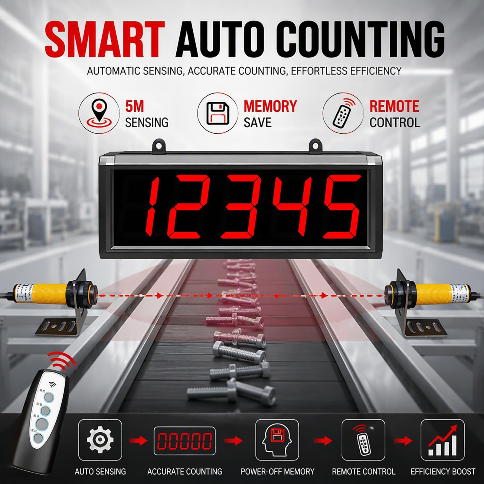Compteur Numérique Automatique, Compteur LED Numérique 3" À 5 Chiffres avec Télécommande, Plage De Comptage De 1 À 99 999, Distance De Détection du Capteur : 5 m, pour Usine