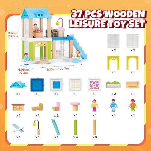 Miniatura 5 de Juego de casa de muñecas de madera pequeña de 42 piezas, casa de juguetes familiares para 4 habitaciones con 4 muñecas móviles, accesorios de