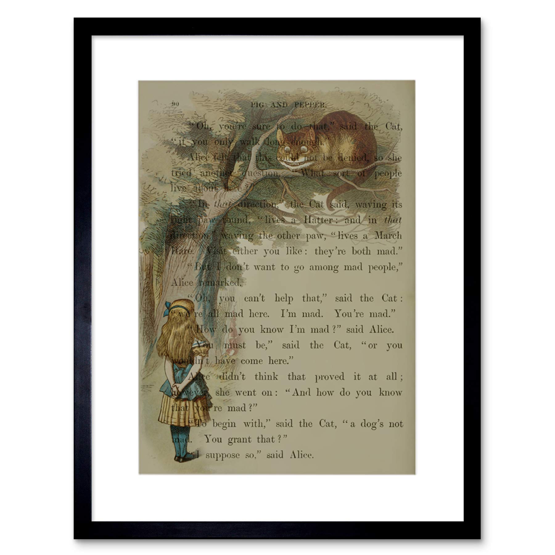 Wee Blue Coo Upcycle Mad Here Quote Alice Wonderland Cheshire Framed Wall Art Print