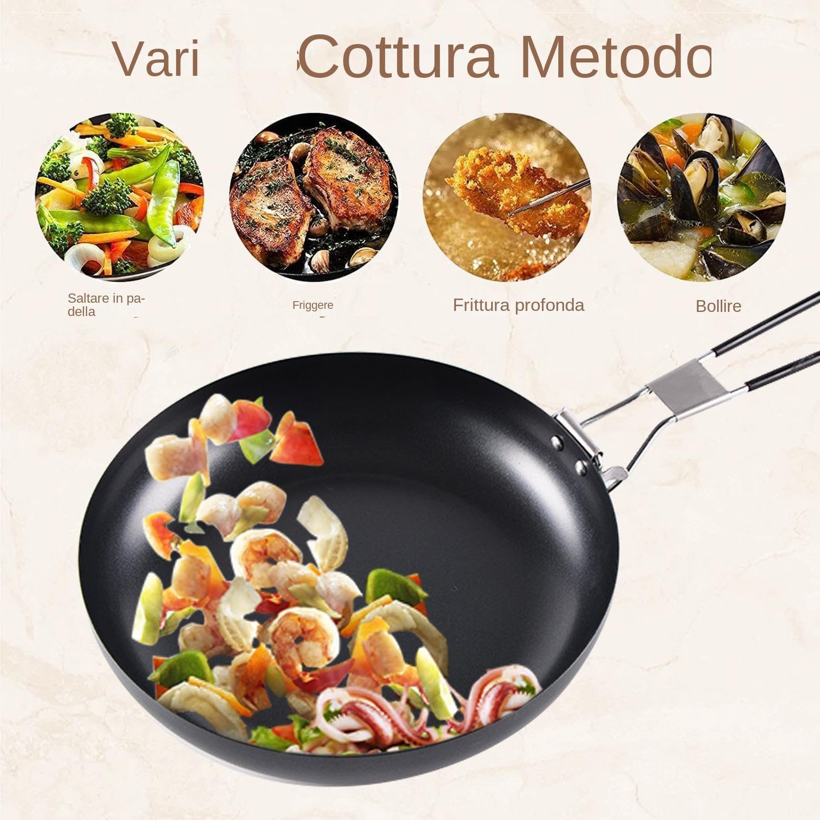 Padella Pieghevole per Esterni, Antiaderente, Rotonda, 24 cm, Nero, Lavabile in Lavastoviglie, Adatta per Campeggio e Picnic