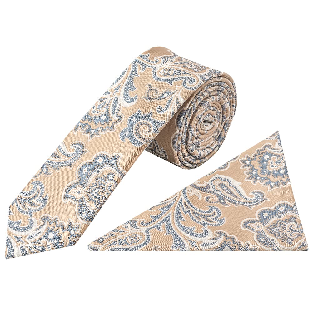TIES R US Champagne and Blue Paisley Skinny Men's Tie and Pocket Square Set