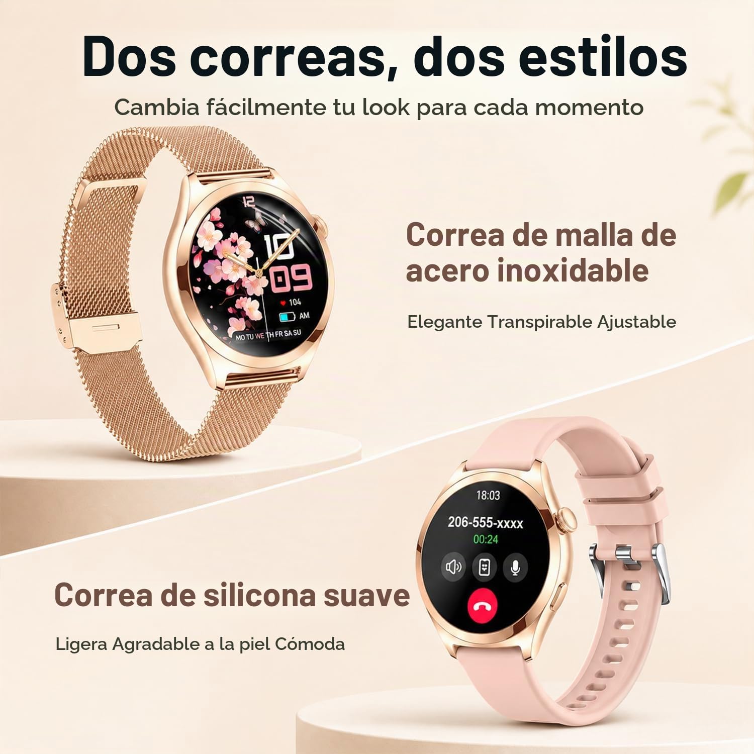 Reloj Inteligente Mujer con Llamadas Bluetooth, 1.27" Smartwatch con Podómetro/Pulsómetro/Monitor de Sueño, 100+ Modos Deportivos Smart Watch, IP68 Pulsera Actividad para Android iOS, Rosa Oro