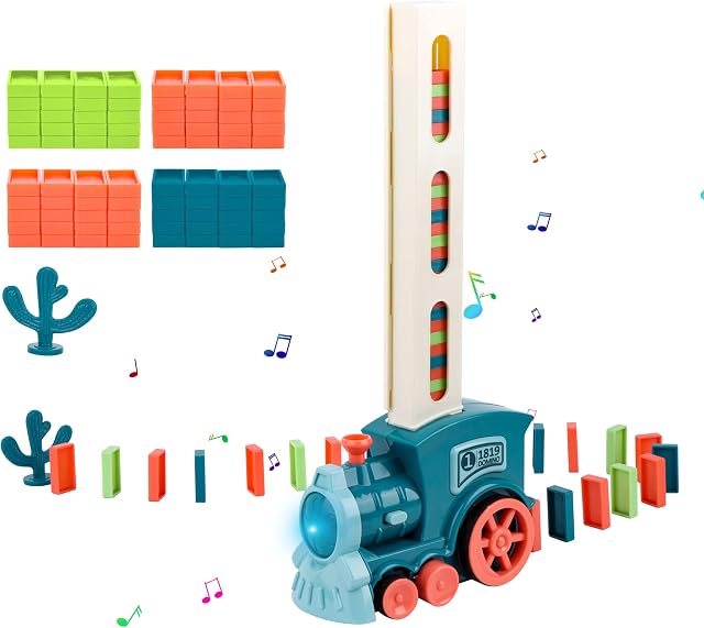 QKTYB Domino Train Blocks Set, Electric Domino Train Toy with 80 Pcs Domino Blocks Automatic Domino Laying Train with Light and Sound Educational Construction and Stacking Toys for Boys Girls