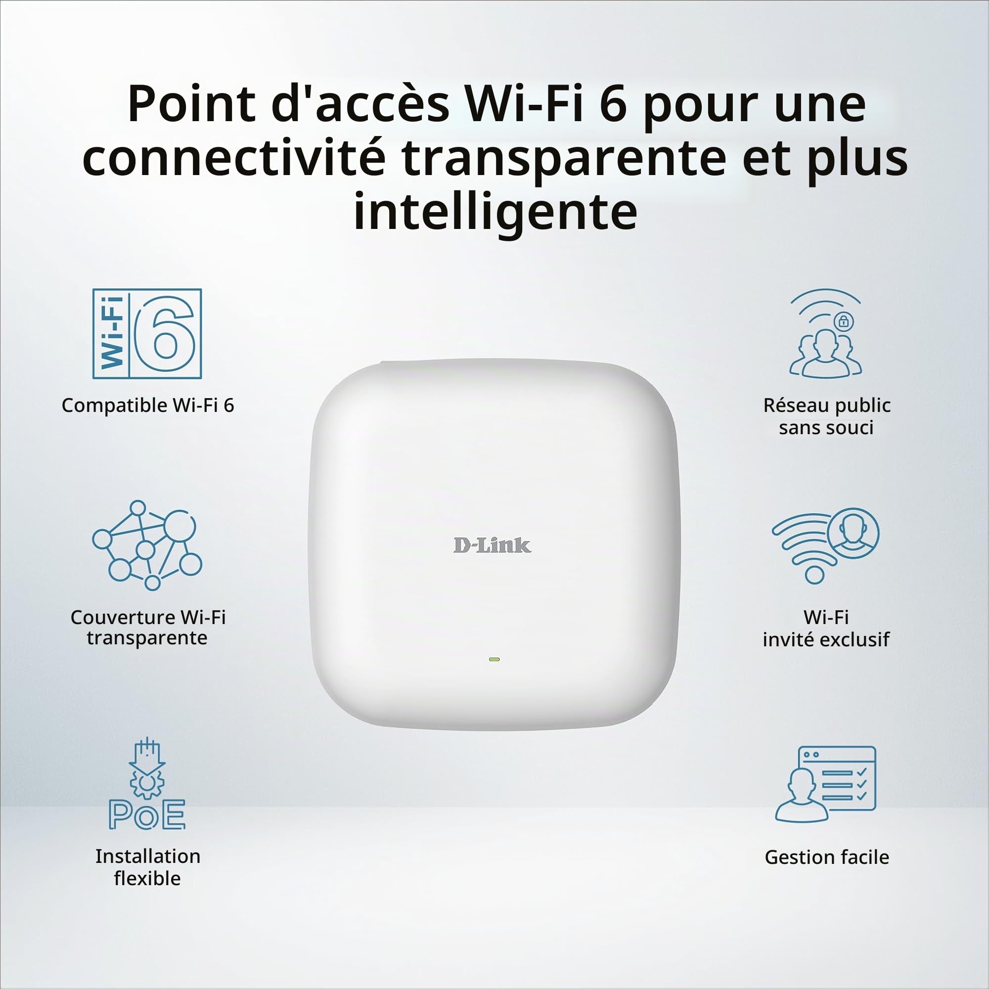 D-Link DBR-X3000-AP AX3000 Wi-FI 6 Smart Access Point – Double Bande 574+2402 Mbps, PoE, MU-MIMO, Sécurité WPA3, Gestion centralisée, Portail captif, Point d’accès Wi-FI Professionnel