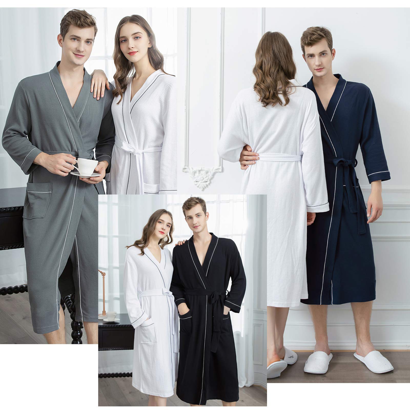 Albornoz de algodón de punto, kimono largo, con bolsillos para hombres y mujeres, spa y piscina de hotel