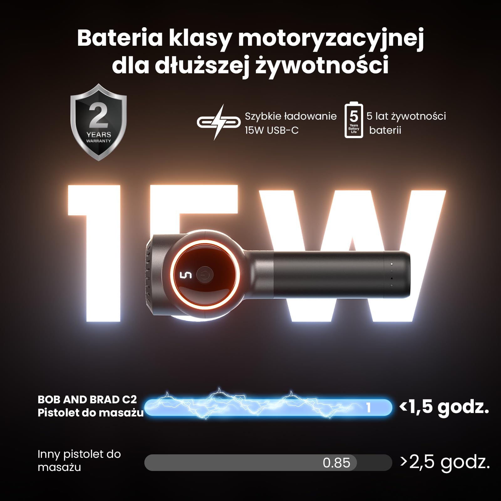 BOB AND BRAD C2 Ultra Pistolet do Masażu z Funkcją Ciepła i Podczerwieni, Pistolet do Masażu Tkanek Głębokich, Przenośny Masażer Mięśni do Domu, Biura i Regeneracji po Treningu