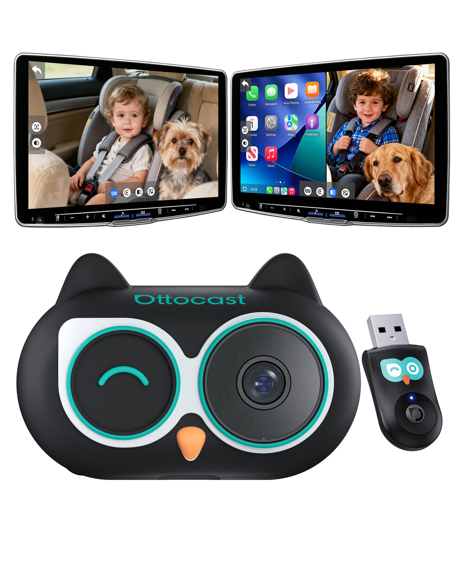 OTTOCAST Baby Car Camera &Wireless CarPlay Adapter,1080P HD Rear Seat Monitor Display on Car Screen,150°Wide Angle No-Glow Night View, Safety for Kids & Infants