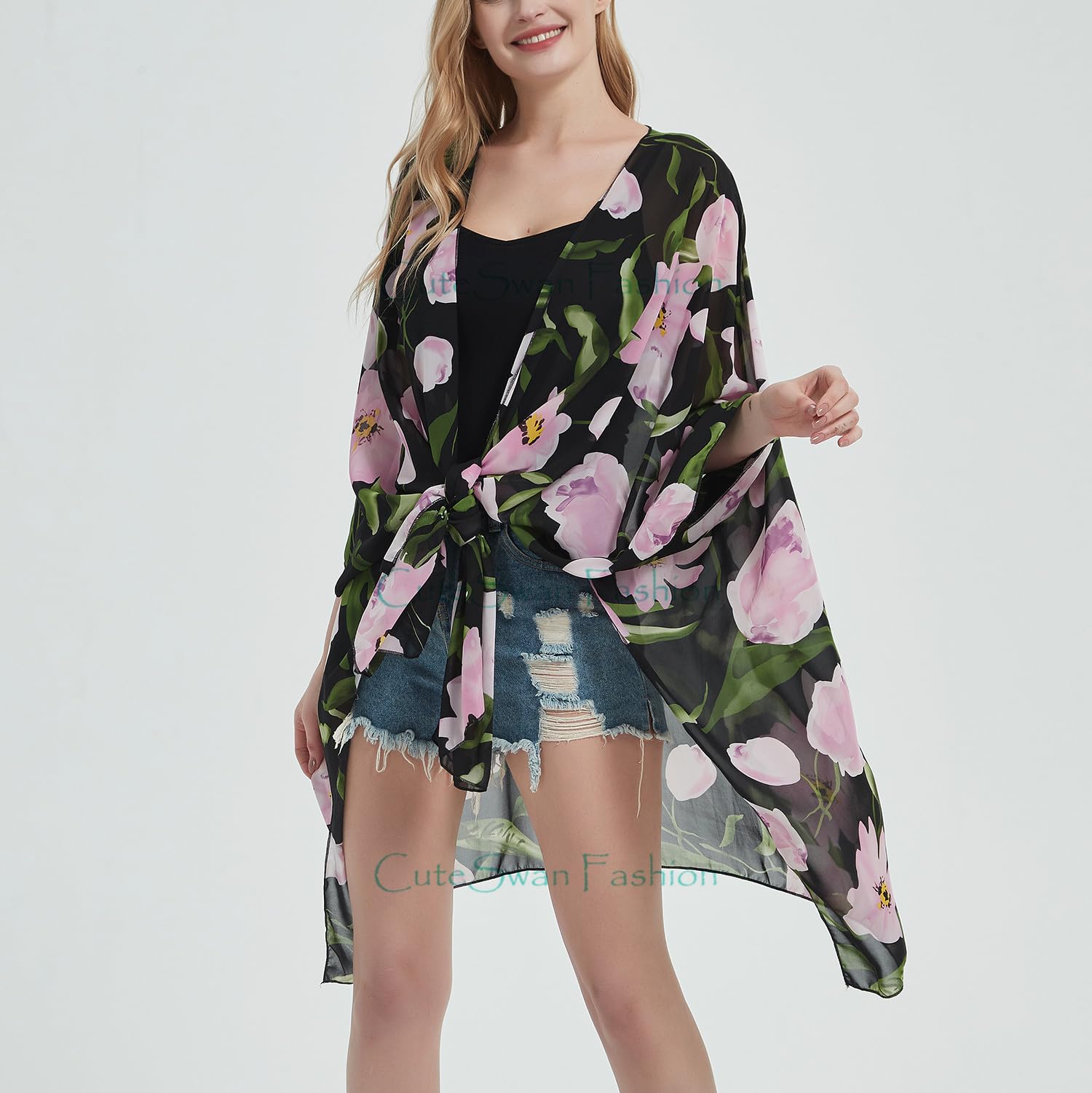 Cardigan kimono en mousseline de soie à imprimé floral pour femme, cardigan ample décontracté long bohème transparent