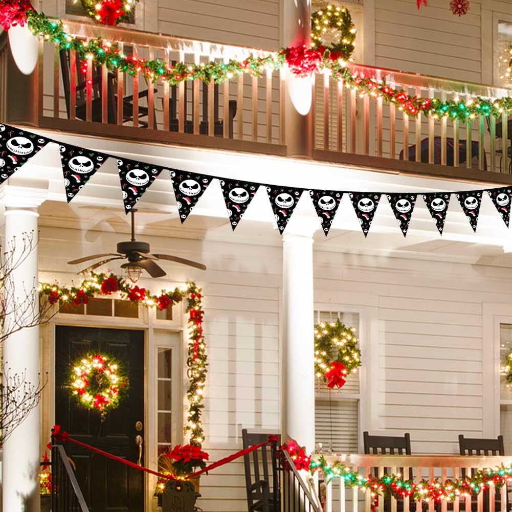 Jack Skellington Triangle String Bunting Banner for Christmas & Halloween Decorations - Nightmare Before Christmas Flags & Pennants - Indoor/Outdoor Garden Decors