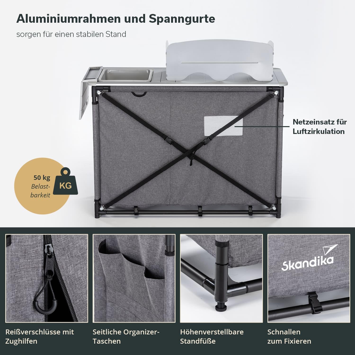 Skandika Kuchnia kempingowa Ruoka | szafka kempingowa z aluminiową ramą, zdejmowana ochrona przed wiatrem i rozpryskiwaniem, zlewozmywak, schowki, torba do noszenia, kuchnia outdoorowa | kuchnia