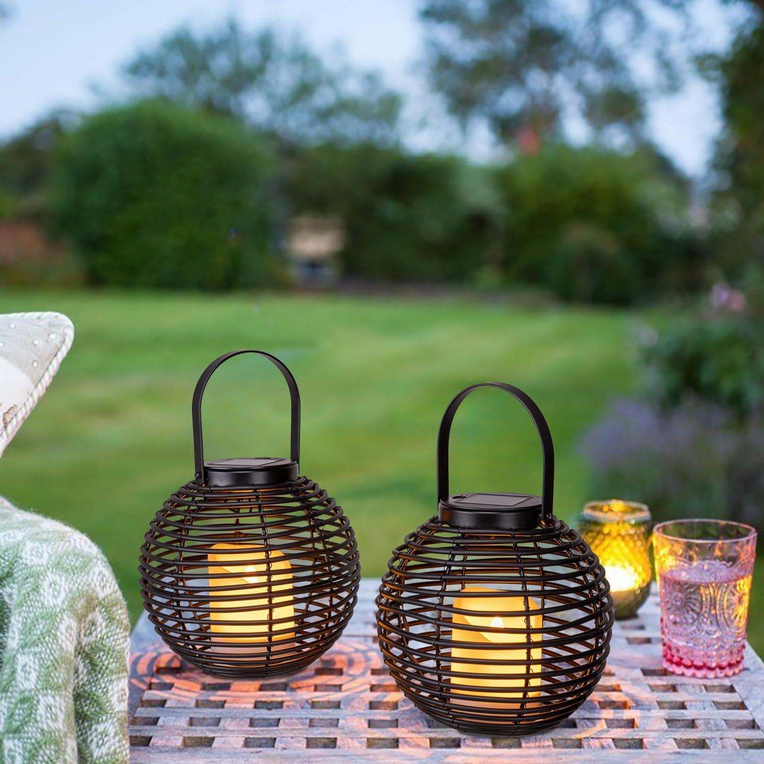 Solar Lanterns Outdoor Waterproof with Flameless Flickering LED Pillar Candle, Large Globe Hanging Decorative Candle Chandelier Lights for Porch, Table, Floor or Patio Home Decor-2Pack