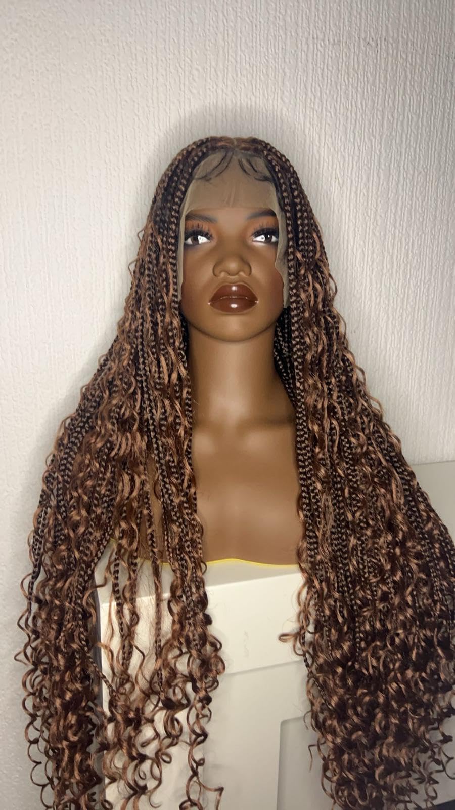 Maise Belle Wigs 36 Inch 1B/30 Knotless Brown Boho Goddess Curly Wig with Baby Hair, Natural Hairline, Waist-Length Boho Braids