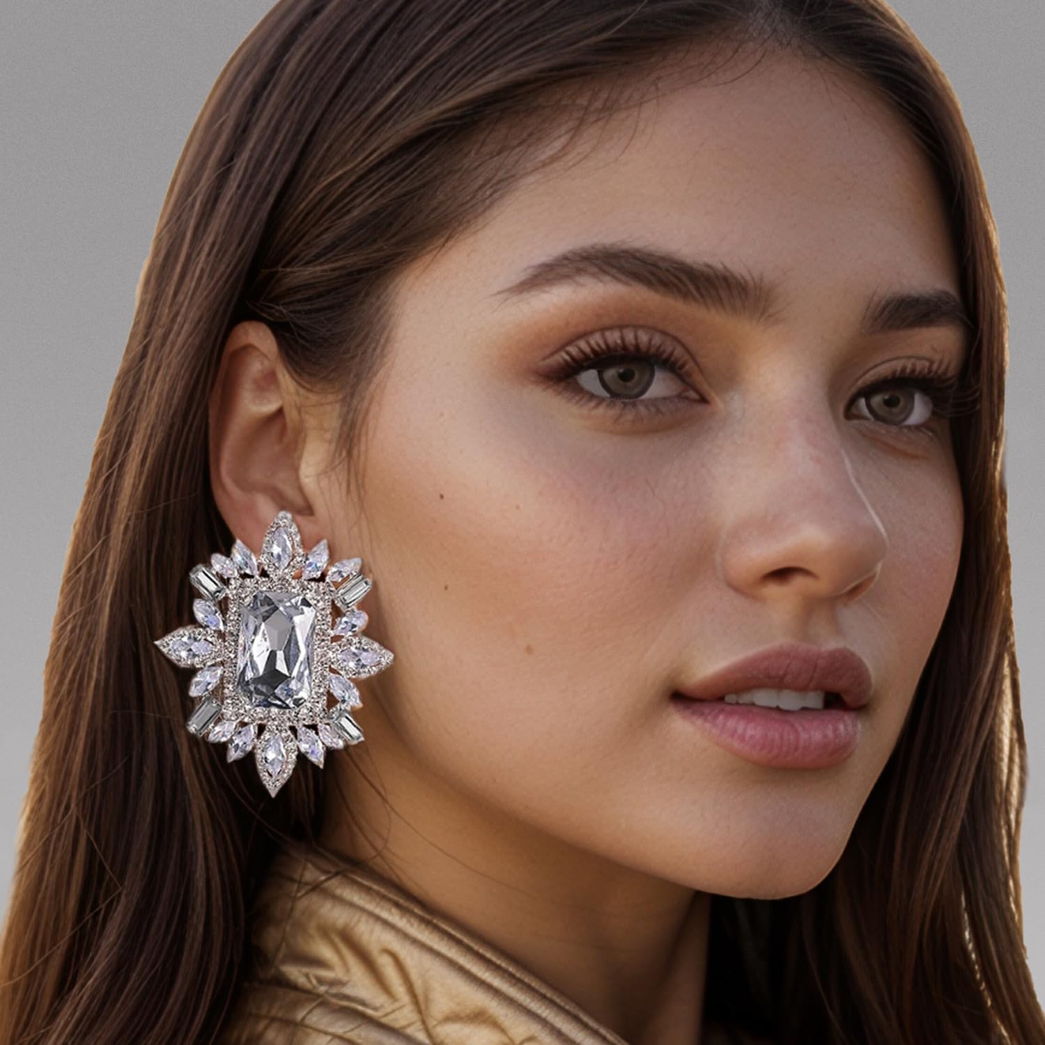 Large Silver Rhinestone Clip On Earrings For Women Non Pierced Bling Crystal Statement Earrings Formal Trendy - Image 2