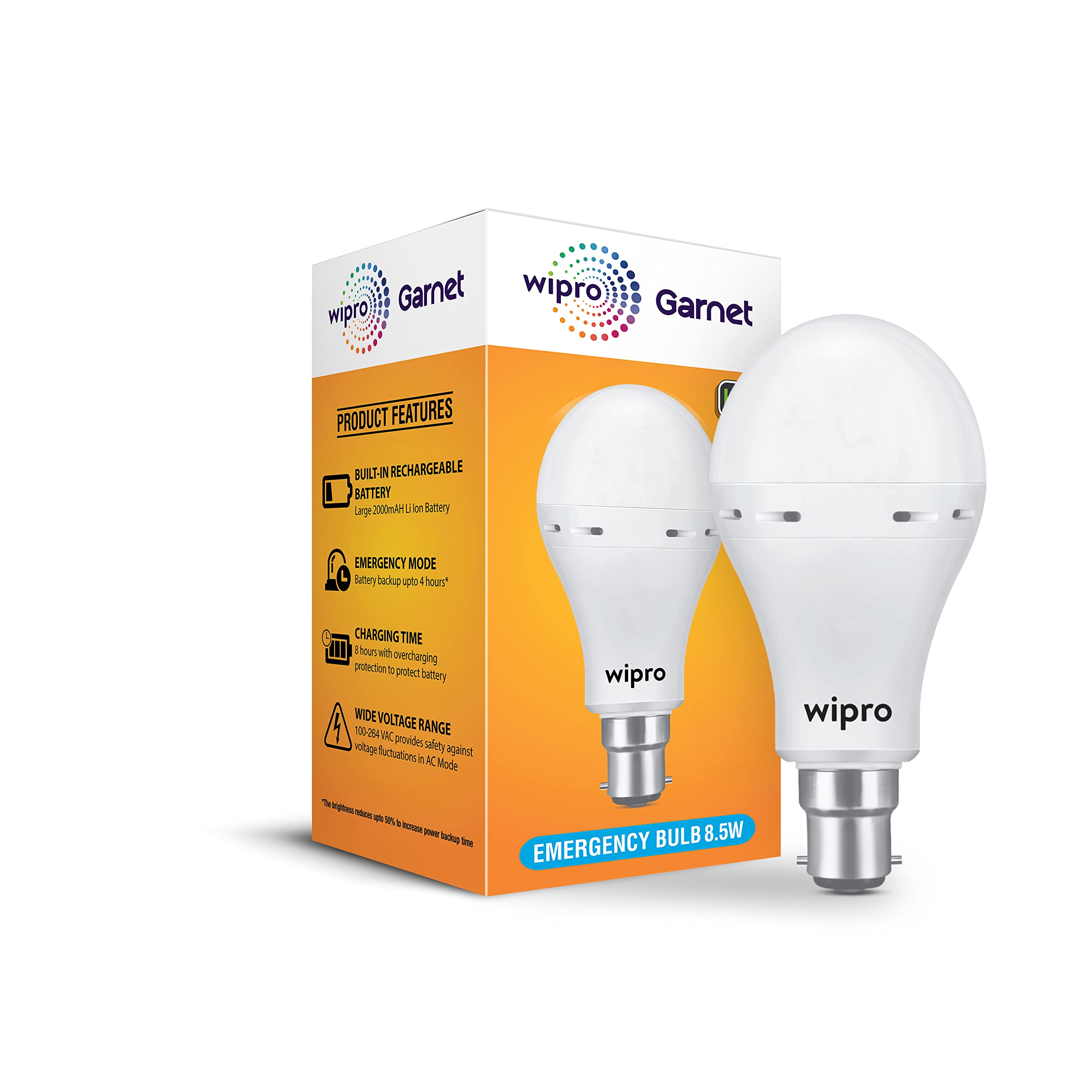 Wipro Garnet 8.5w LED Emergency Bulb | Cool Day White (6500K) | B22 LED Bulb Base | Inverter Bulb for Home, with 4 Hours Battery Back up| Li-ion Battery | Over Charging Protection | Pack of 1-picture-18