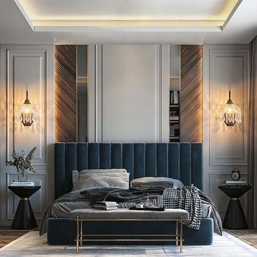 Miniatura 3 de Juego de 2 apliques de pared vintage, apliques de pared de cristal de cristal, acabado negro antiguo cepillado mate, juego de dos para dormitorio,