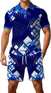 Mens 2 Piece Short Set Quarter Button Lapel Polo Shirt and Drawstring Shorts Golf Fashion Graphic Tracksuit Lounge