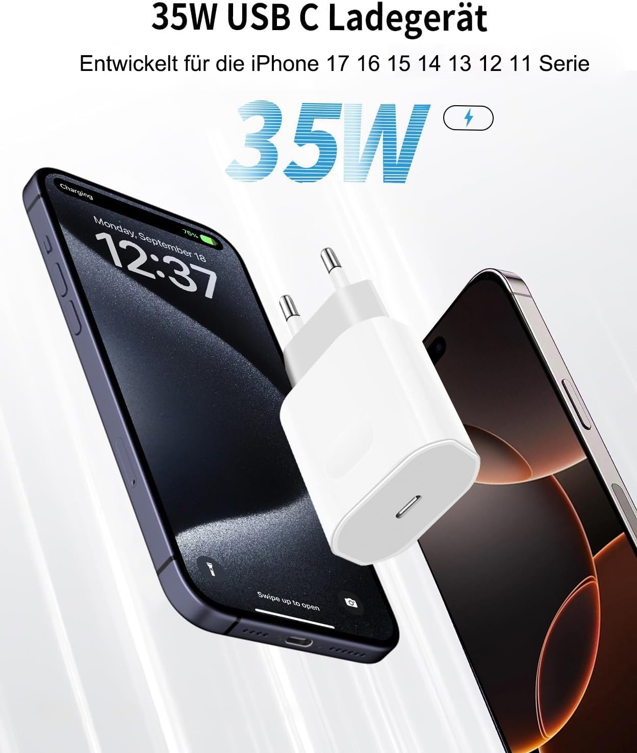 Ładowarka do iPhone 17 16 15 14 13 12 11 adapter USB C 35 W do iPhone 17 16 15 Pro/Max, zasilacz USB C, szybka ładowarka