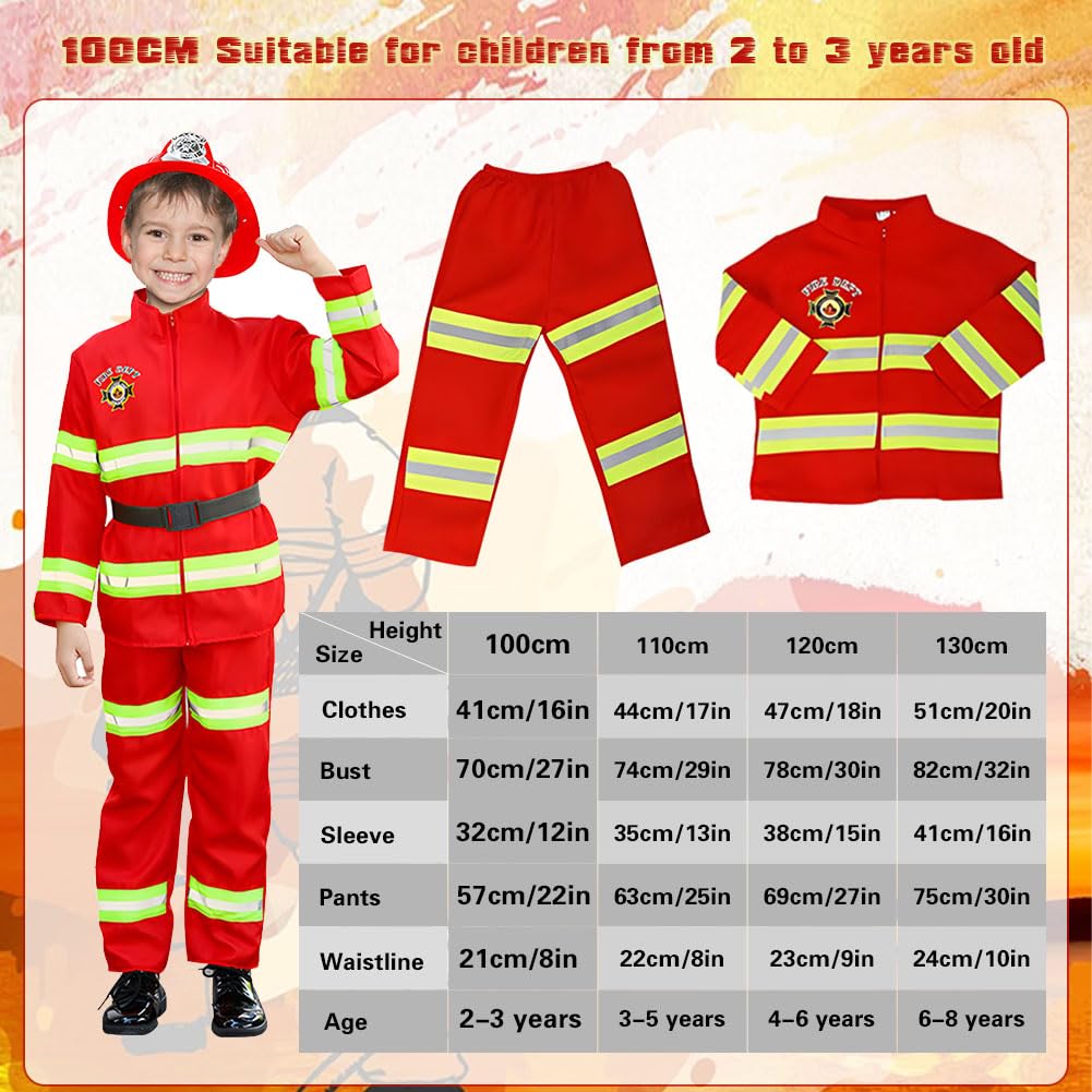 Costume da Pompiere per Bambini, 12pcs Giochi di Ruolo per Bambini Costumi di Halloween, Giocattolo per Bambini dai 2 - 3 Anni per Feste in Maschera, Esercitazioni Antincendio, Scuola e Casa (100cm)
