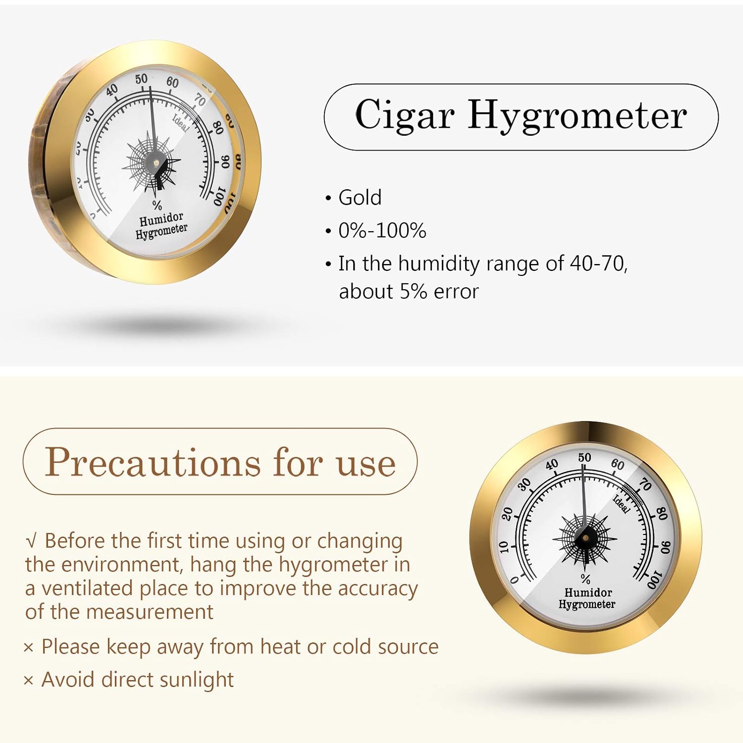 Frienda 2 Pcs Hydrometer 2 Inch Humidity Meter Cigar Humidor Hygrometers Round Cigar Hygrometer for Humidor Cabinet Cans(Gold)