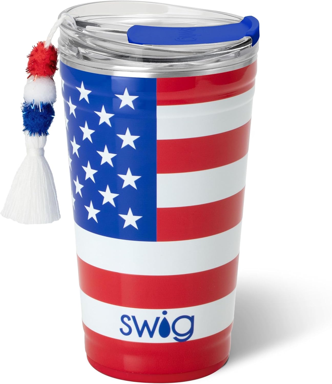 Swig Life 24oz Party Cup, Stackable Insulated Party Cup with EZ Flow Lid, Cup Holder Friendly, Dishwasher Safe, Stainless Steel, Large Travel Tumbler for Hot and Cold Drinks (All American)