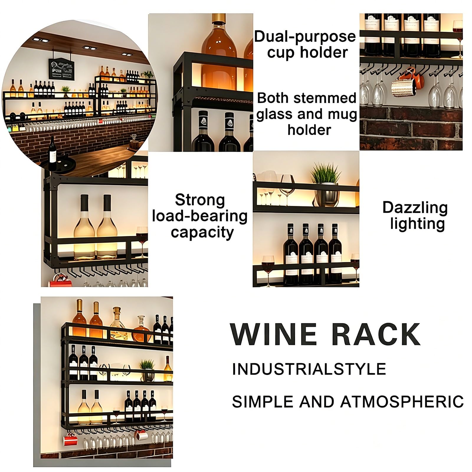 Regał na Wino Montowany na Ścianie z Paskiem LED Pogrubiona Rama Żelazna | Montowany na Ścianie Stojak na Wino, Lakierowanie Wysokotemperaturowe, do Salonu, Domu, Baru, Piwnicy(Gold,100x25x90cm)