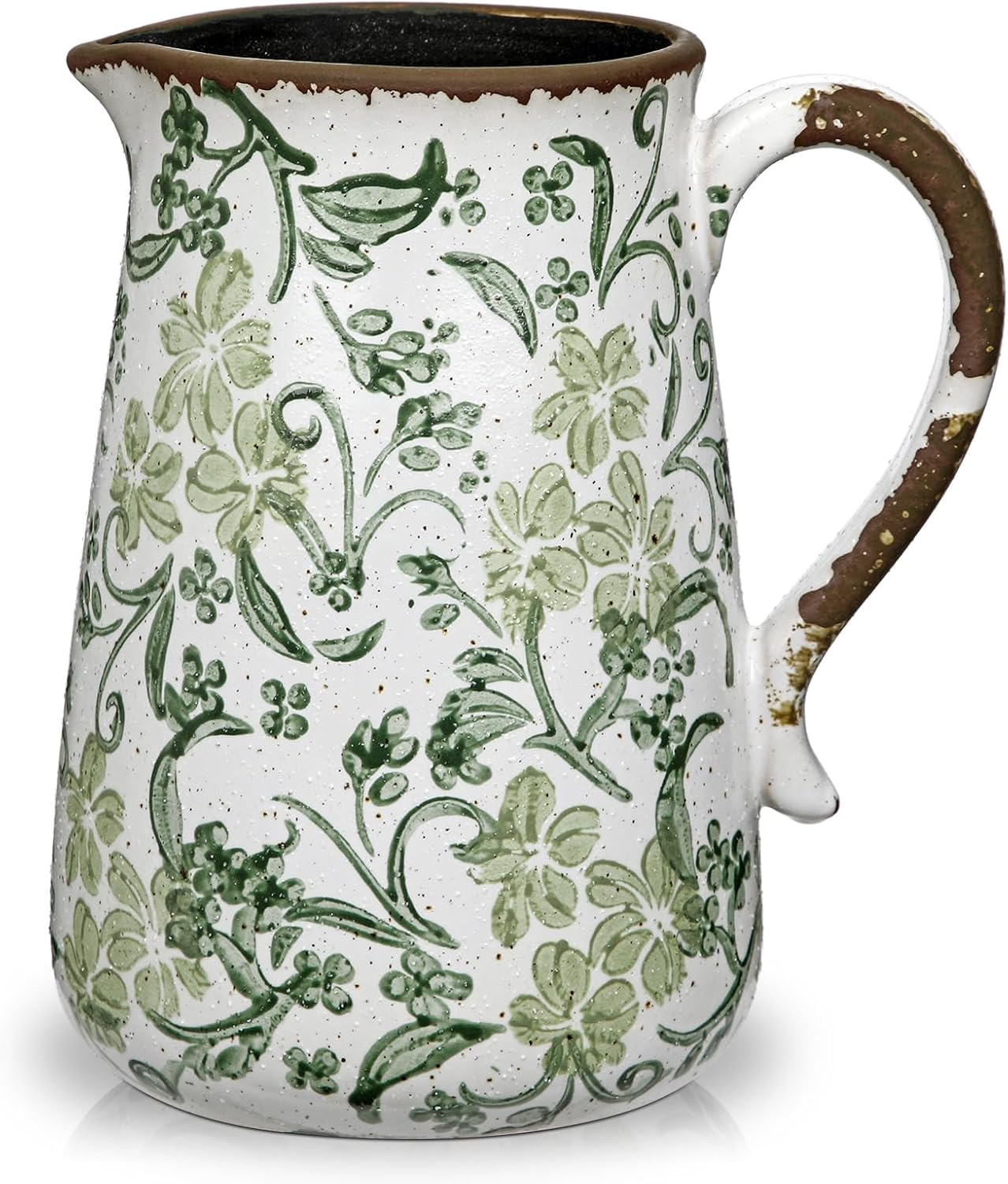 Ceramic Rustic Farmhouse Vase, 7.9" Green and White Vase for Centerpieces Chinoiserie Vases Pottery Jug with Handle Chinoiserie French Country Decor Vintage Vases for Living Room Kitchen Dinner Table