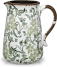 Oairse Ceramic Rustic Farmhouse Vase 7.9" Green and White Vase for Centrepieces Chinoiserie Vases Pottery Jug with Handle French Country Decor Vintage Vases for Living Room Kitchen Dinner Table