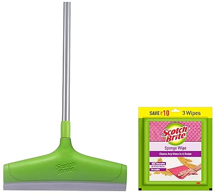 Scotch-Brite Bathroom Squeegee Plastic Wiper with Telescopic h&le (30 cm) & Scotch-Brite Multi-Purpose, Easy to use Kitchen Cleaning Sponge Wipe (3 -Pieces)