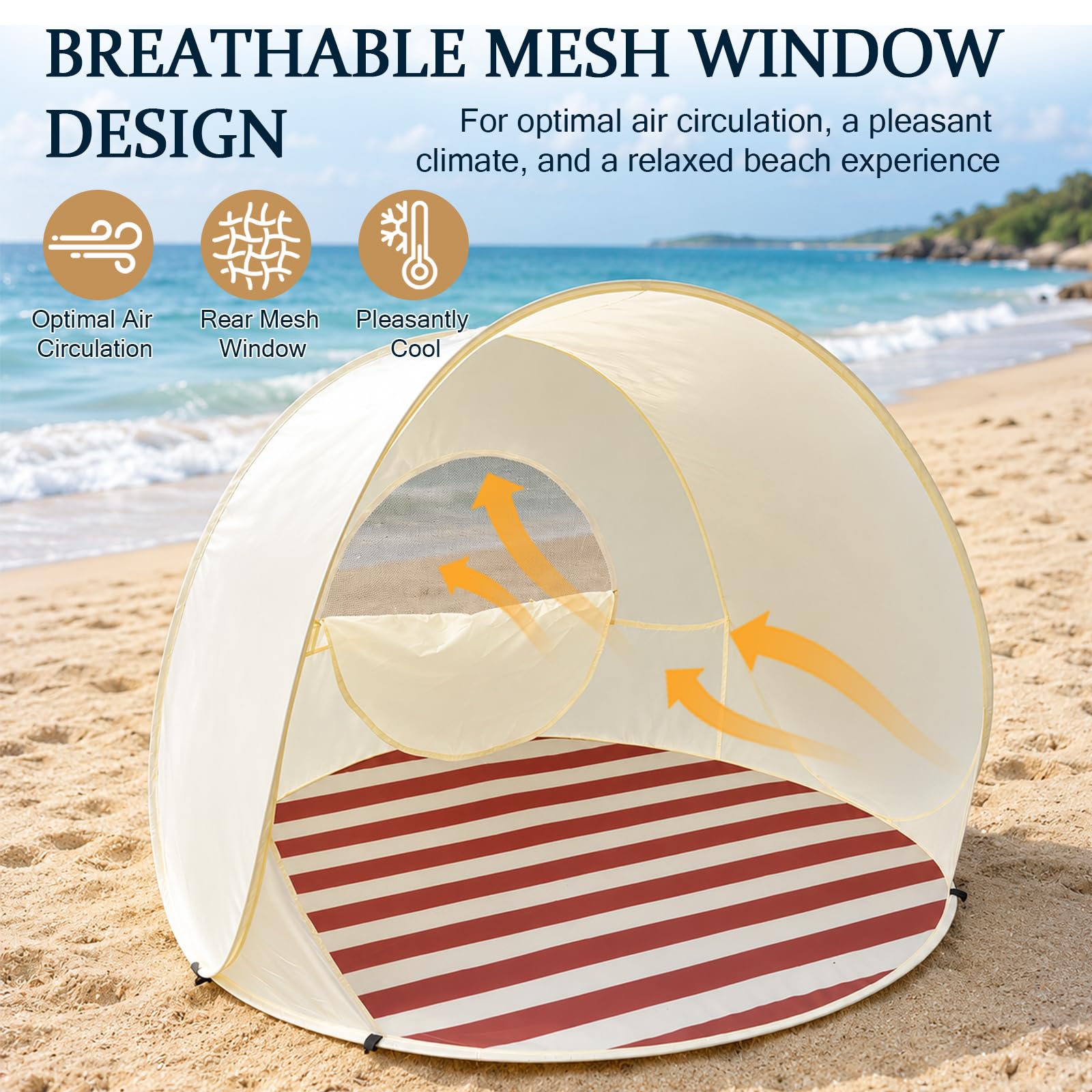 Tente de Plage Pop-up – Grande et Portable pour 2-3 Personnes, Montage Auto, Protection Solaire & étanche, Respirante, INCL. Sac et piquets – Plage, Camping, randonnées