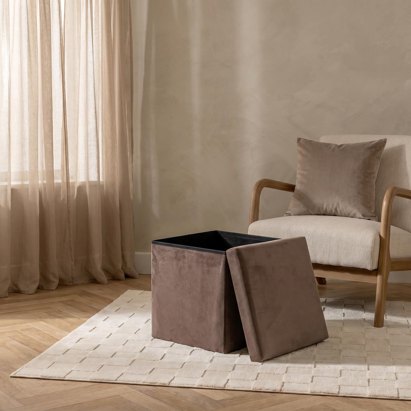 OHS Storage Ottoman Cube Matte Velvet Folding Footrest with Lid, Chocolate — image 1