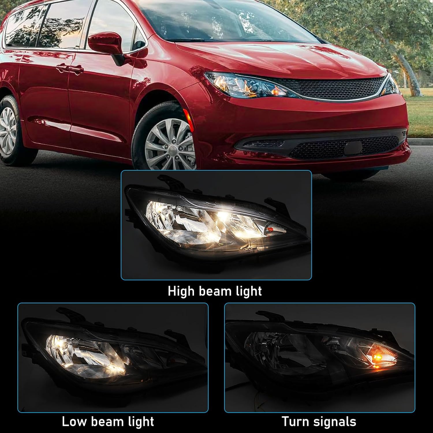 Halogen Headlight Compatible with Chrysler Voyager 2020 2021 2022 2023 2024, Chrysler Pacifica 2017 2018 2019 2020 w/o Quad Light Code LMA Right Passenger Side 68228944AH CH2503288