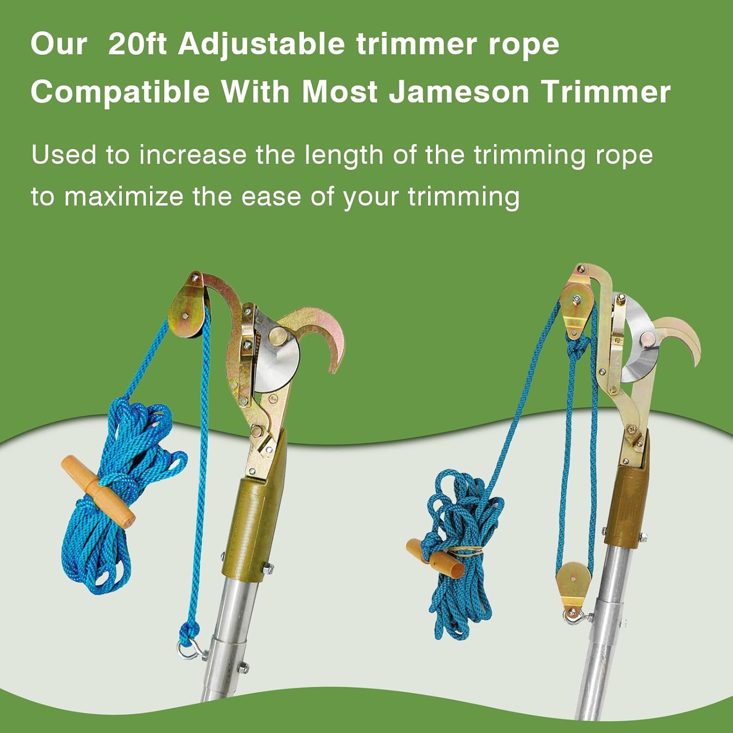 PR-20 Tree Pruner Rope Replacement Parts Compatible with Jameson Fiscar Big Mouth Pole Saw Tree Trimmers Pruners, Manual Long Handle Cutting Pruners Pole Saw Rope with Wooden Handle - 20 Feet