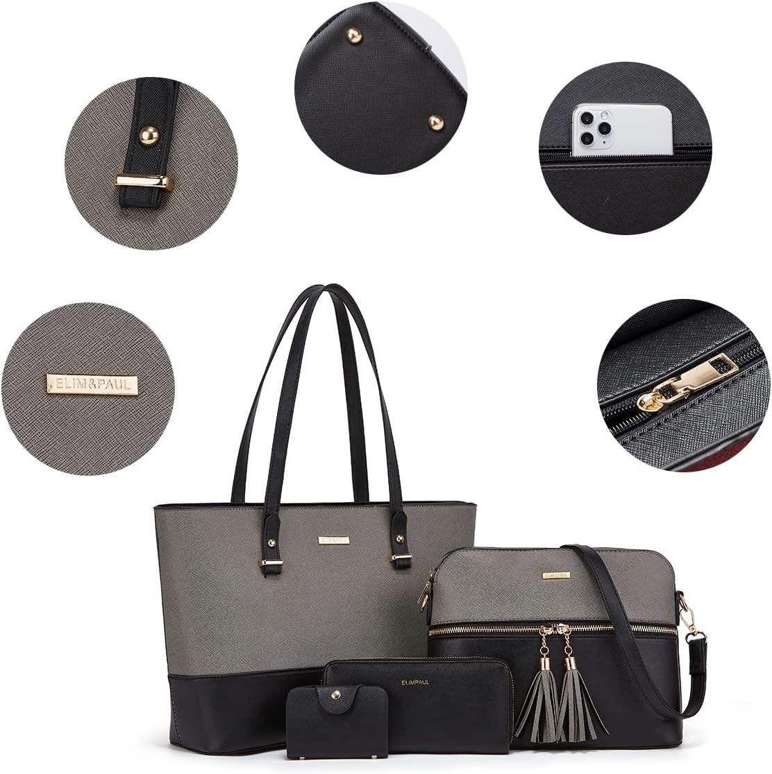 Women Fashion Synthetic Leather Handbags Tote Bag Shoulder Bag Top Handle Satchel Purse Set 4pcs - Image 3