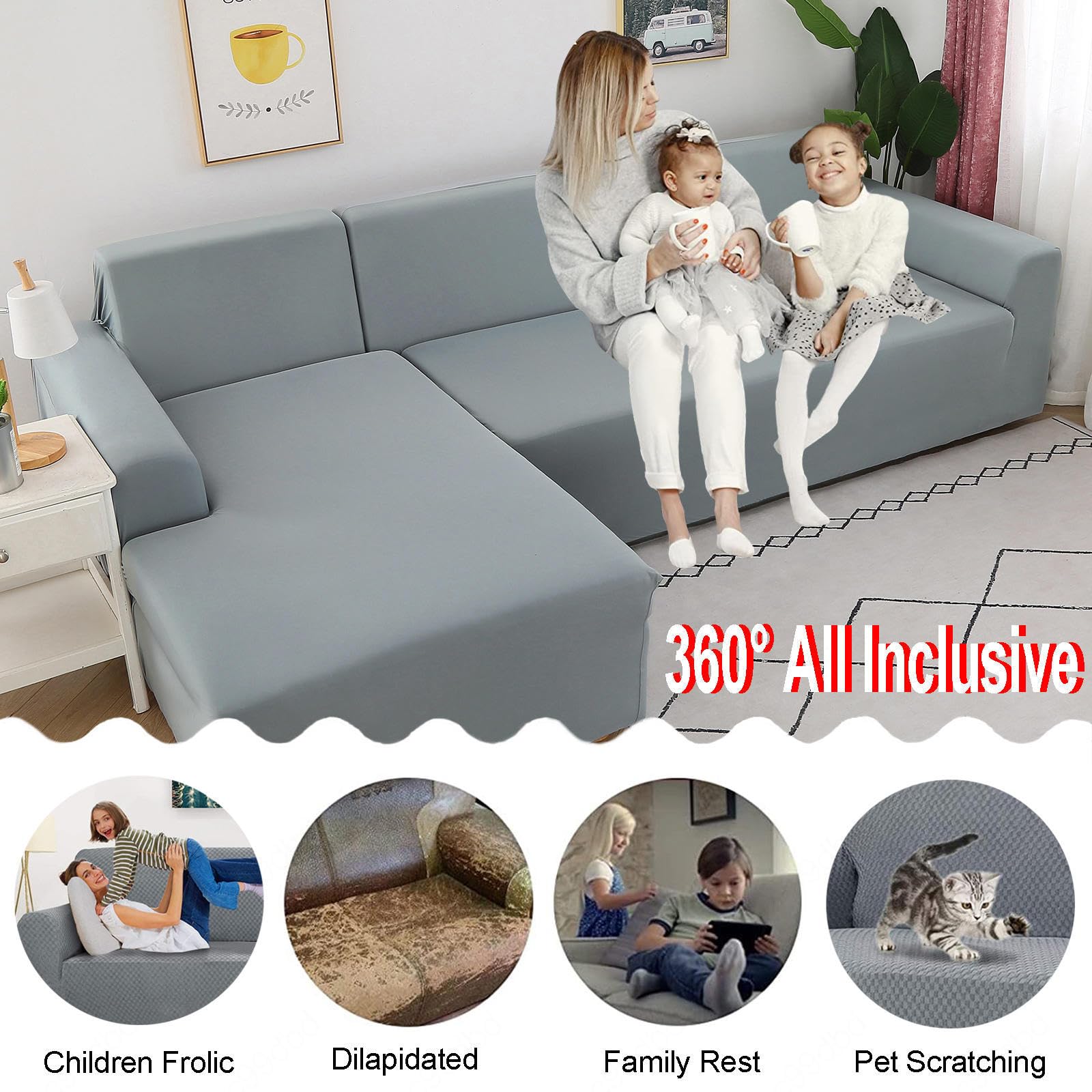 Sofabezug Stretch 1 2 3 4 Sitzer L/U Form Ecksofa Universal Couch üBerzug Einfacher Sofa Cover Aus Milchseide Kratzfeste SchutzhüLle FüR Katzen Hunde FüR Kinder,Gray1-2Seater+3Seater