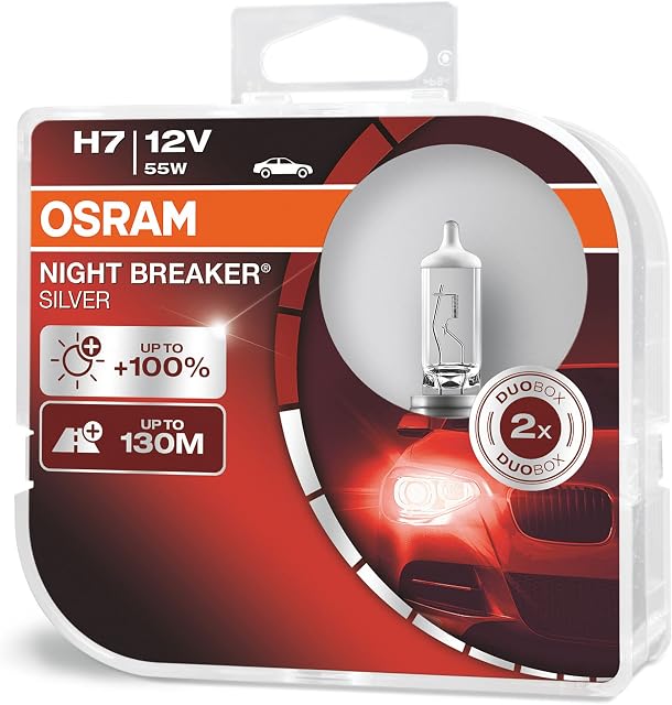 OSRAM NIGHT BREAKER SILVER H7, +100% more brightness, halogen headlamp, 64210NBS-HCB, 12V, passenger car, duo box (2 lamps)