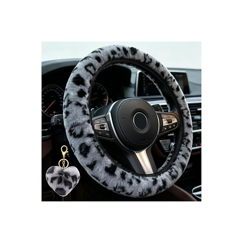 Capa para Volante Cinza com Estampa de Leopardo Muamos e Chaveiro Felpudo para Volantes de 35,6–38,1 cm (14–15 pol.)